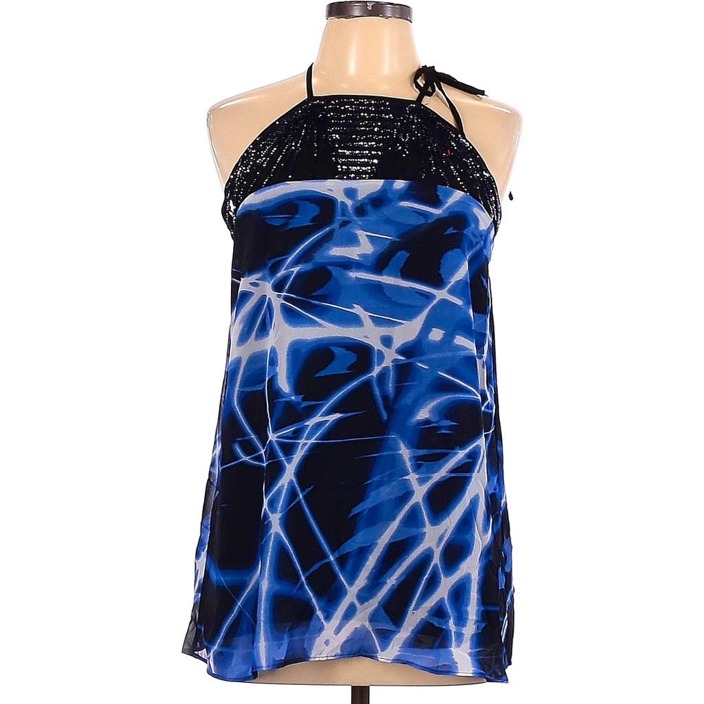 Large Authentic Icon Blue/Black Water Pattern Halter Top w/ Sequence Details NWT